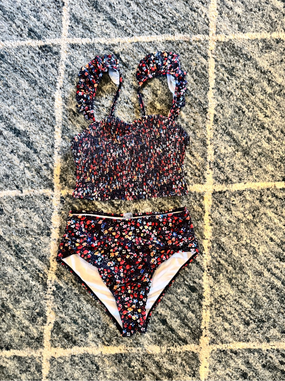 High-Waist Floral Bikini Set in Black - Smocked Crop Top